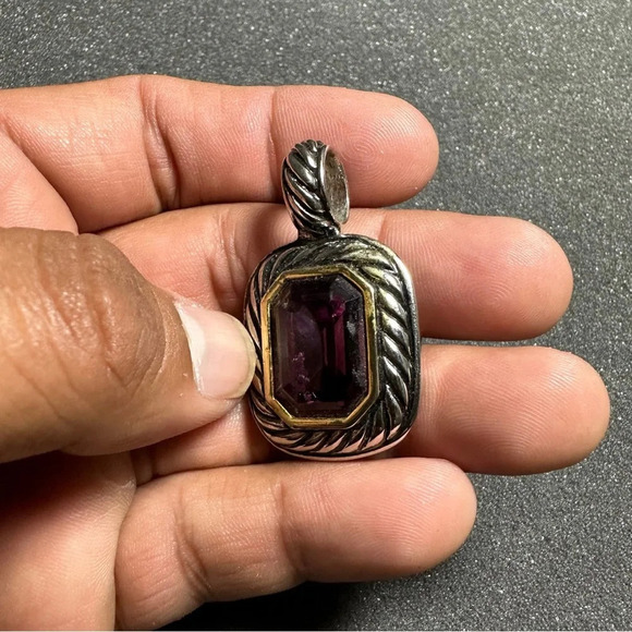 Silver Tone Purple Amethyst Like Gem Stone Rectangular Pendant Costume Jewelry - Picture 2 of 8